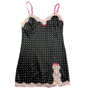 Victoria's Secret Black Polka Dot Satin Lace Trim Chemise Slip Dress Small S/P